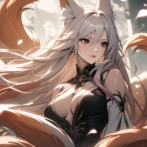 female, nine-tailed female, female fox, nine-tailed fox, fox ears, white hair, pink hair, long hair, black eyes, pretty, beautiful, beautiful color, mature, dress, flying petals, super detail, beautiful color,peerless beauty, high quality,  macro picture