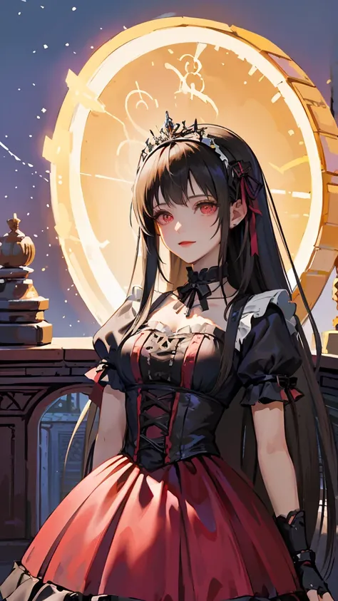 (black hair, hime cut), tiara, mismatched sclera, evil smile, Baroque, chiaroscuro, masterpiece, accurate, high quality, best quality, high details, super detail, Vampire, aristocratic vampire, dark castle interior, moonlight shining through a window into ...