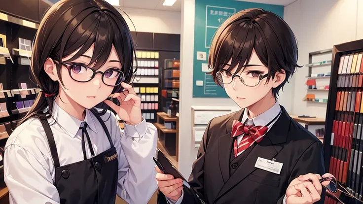 I will design a YouTube thumbnail image featuring an eyeglass store clerk, inspired by Daisuke Sakuma or Masaki Suda. He sports square black-rimmed glasses, has brown eyes, and vibrant reddish-brown hair, with a range of expressions. The jawline is rounded...