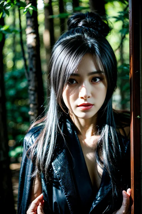 Prompt: ((best quality)), ((masterpiece)), (detailed), perfect face, silver hair, black eyes, lips, assassins sexy clothes, realistic, 30 years old, Asian, perfect body, perfect hands,  mythology creature, in the forest, full body potrait