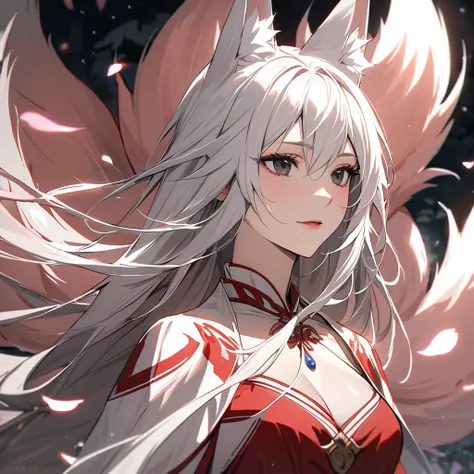 female, nine-tailed female, female fox, nine-tailed fox, fox ears, white hair, pink hair, long hair, black eyes, pretty, beautiful, beautiful color, mature, dress, flying petals, super detail, beautiful color,peerless beauty, high quality,  macro picture, ...