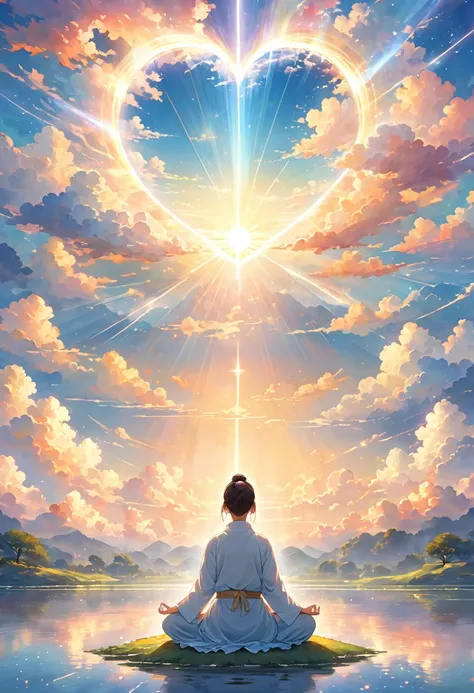 imageio: A person meditating or praying with a calm environment around them, like a peaceful landscape or a serene sky.
detaileds: Add a representation of a heart or a steady mind, perhaps with rays of light or a sense of peace emanating.