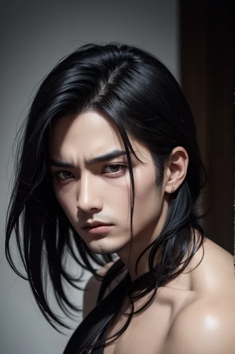 black haired man, intense gaze, voluminous lips and mysterious look