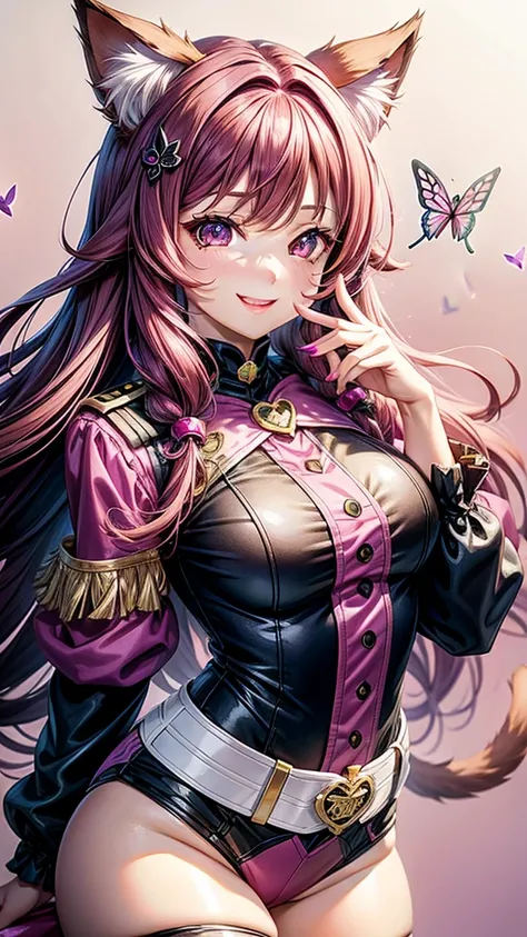 Magenta hair, brown eyes, older woman, long thick hair, pretty hair ornaments, smile face, happy, cat ears, sexy uniform outfit, color background, butterflies, pink and green, zodiac outfit