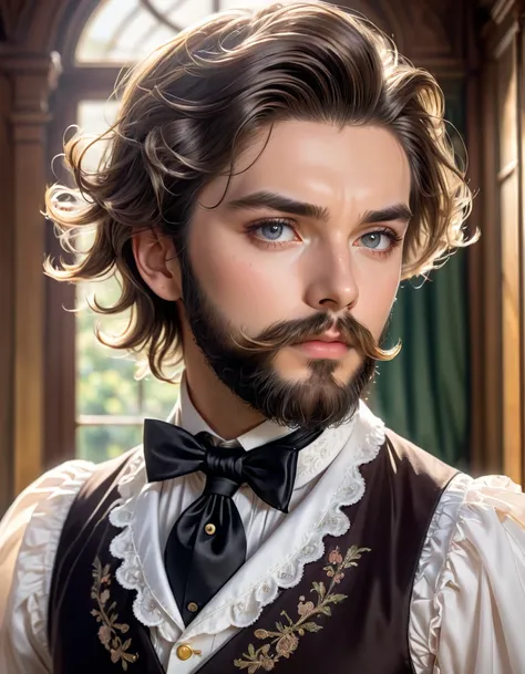 one dandy gentleman with a beard,Seventy-three parts of hair hardened with hair gel,wearing Lolita dress,(masterpiece), (best quality), (ultra-detailed), (illustration), (detailed light),(an extremely delicate and beautiful),natural light, wide angle shot,...