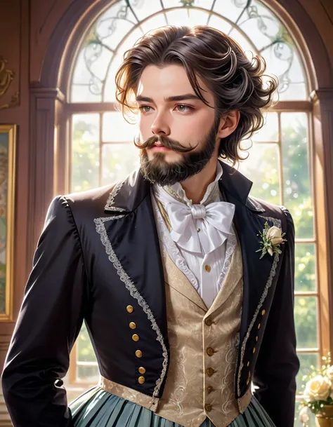 one dandy gentleman with a beard,Seventy-three parts of hair hardened with hair gel,wearing Lolita dress,(masterpiece), (best quality), (ultra-detailed), (illustration), (detailed light),(an extremely delicate and beautiful),natural light, wide angle shot,...