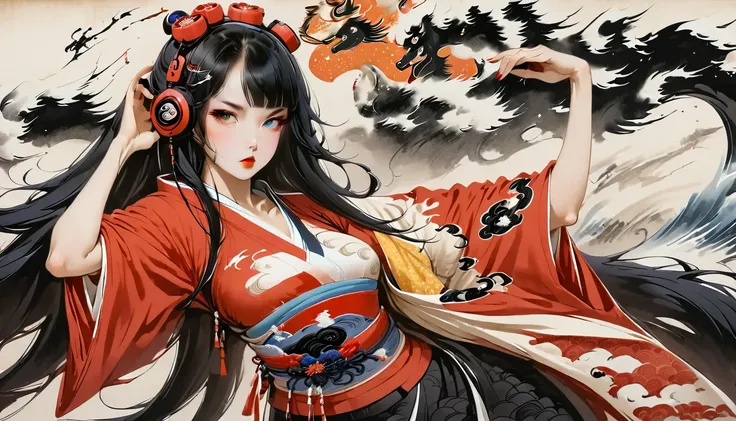 highest quality, Katsushika Hokusai, Ink painting, (((straight long hair))), (((Girl))), (((Light red t-shirt))), Japanese style headphones, schönes Girl, one eye red, one eye blue, black hair, Sensitive and precise, Moderner Ukiyo-e-Stil