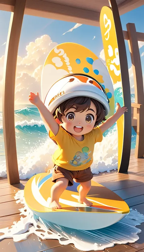 The poster features a 3D cartoon Q-version full body rendering， depicting an adorable little boy wearing a yellow T-shirt and brown shorts. With his arms wide open and a joyful expression， he is surfing on the sea. His facial features are perfect， presente...