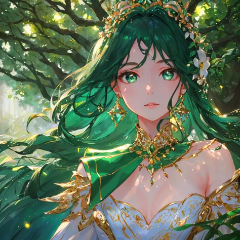 1 girl masterpiece, highest quality, shape, emerald eyes and hair, emerald earrings, emerald necklace, large tree, tree fairy, cute, (dynamic lighting:1.2), cinematic lighting, delicate features, fine eyes, sharp pupils, realistic student, written boundary...