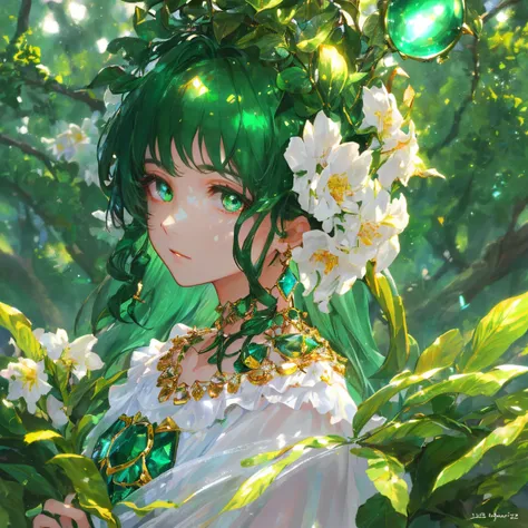 1 girl masterpiece, highest quality, shape, emerald eyes and hair, emerald earrings, emerald necklace, large tree, tree fairy, cute, (dynamic lighting:1.2), cinematic lighting, delicate features, fine eyes, sharp pupils, realistic student, written boundary...