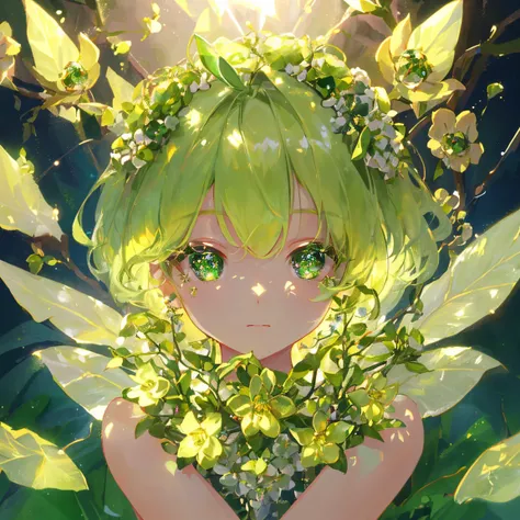 1 girl masterpiece, highest quality, shape, peridot eyes and hair, peridot earrings, peridot necklace, flowers, flower fairy, cute, (dynamic lighting:1.2), cinematic lighting, delicate features, fine eyes, sharp pupils, realistic student, written boundary ...