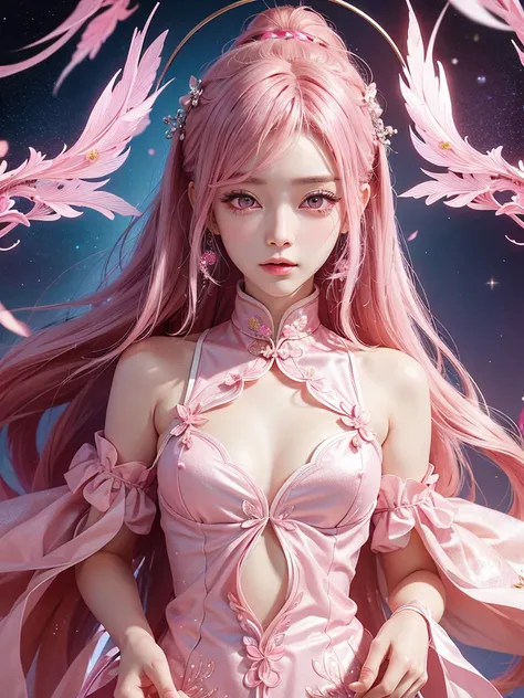 High quality High resolution Fractal art Pink hair and pink eyes Pink hair long hair Cheongsam Pink eyes Korean glitter eye makeup Very delicate makeup Glitter Small breasts 