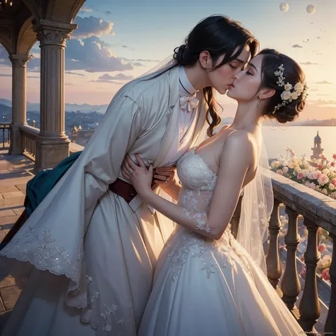 (masterpiece, highest quality, official art, beauty and aesthetic:1.5), perfect anatomy, perfect hands, two stunning bride is deeply in love with each other, kiss, romantic atmosphere, flower and moon, magnificent panorama view