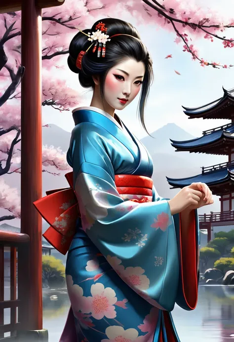 Необходимо создать concept-арт гейши для MMORPG, centered on a Japanese setting. full length, concept, full length пероснаж, A geisha should inspire grace, sophistication and mystery, typical of Japanese culture. Picture her in a traditional kimono with de...