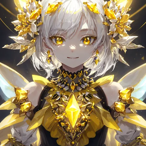 1 girl masterpiece, highest quality, shape, beautiful smile yellow quartz eyes and silver hair, yellow quartz earrings, yellow quartz necklace, jewelry, metal fairy, cute, (dynamic lighting:1.2), cinematic lighting, delicate features, fine eyes, sharp pupi...