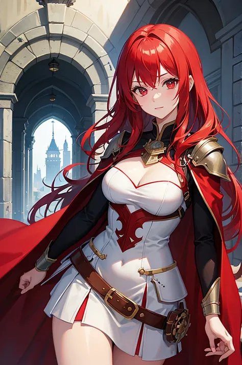 A girl with red hair and red eyes wearing a female armor with a red cape with a castle hallway background 