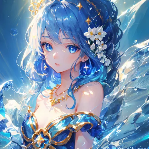 1 girl masterpiece, highest quality, shape, lapis lazuli eyes and hair, lapis lazuli earrings, lapis lazuli necklace, sea, water fairy, cute, (dynamic lighting:1.2), cinematic lighting, delicate features, fine eyes, sharp pupils, realistic student, written...