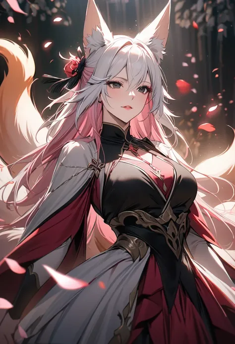 female, nine-tailed female, female fox, nine-tailed fox, fox ears, white hair, pink hair, long hair, black eyes, pretty, beautiful, beautiful color, mature, dress, flying petals, super detail, beautiful color,peerless beauty, high quality, macro picture, a...