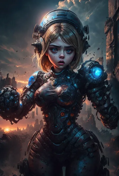 beautiful woman Chloë Grace Moretz, attacking a robot, expression of anger, (photorealistic), (high resolution 4k, 8k) apocalyptic scene, painting of Chloë Grace Moretz in high definition, cyberpunk style, post-apocalyptic, woman Chloë Grace Moretz wearing...