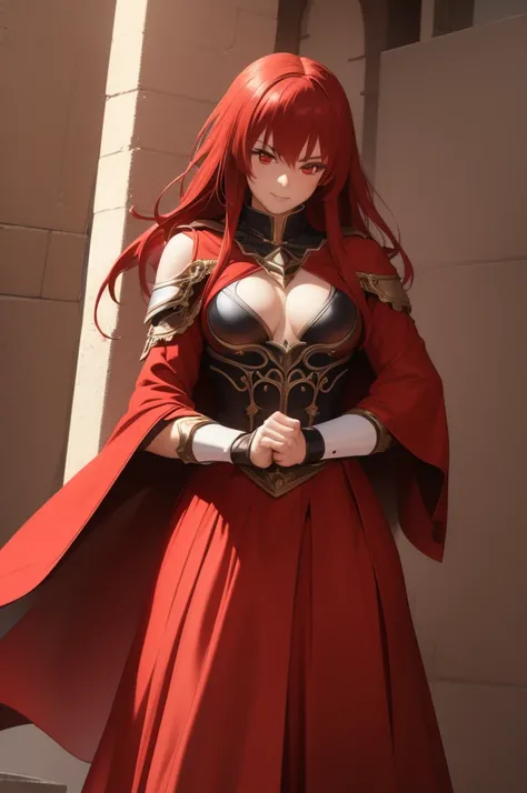 A girl with red hair and red eyes wearing a Revealing  female armor set with a red cape in a castle background as