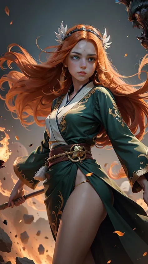 young princess ((fighting monsters)), striking figure, long flowing ginger hair, wavy hairs, fair skin, (freckles), ((kolito)), ...