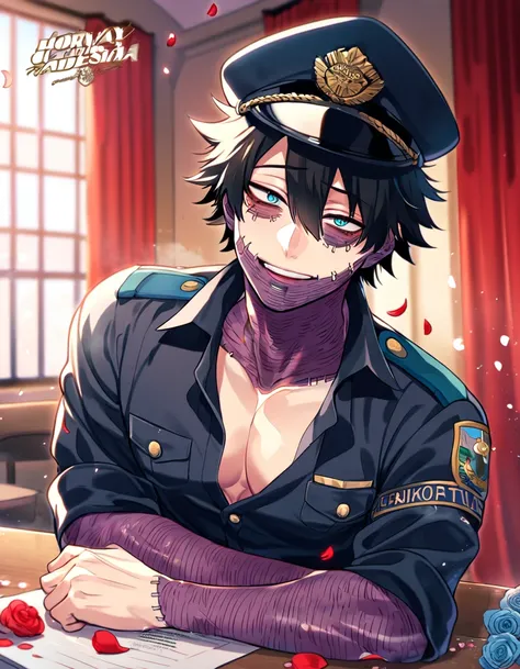 absurdres, highres, ultra detailed, HDR, master piece, best quality, Dabi, black hair, expressive turquoise eyes, Boku No Hero Academia, solo, sexy man, handsome, horny, sensual, black police officer clothes, unbuttoned shirt, black hat, fantasy, police st...