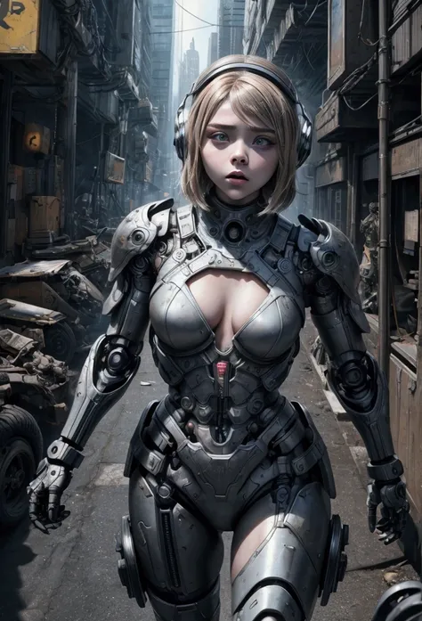 beautiful woman Chloë Grace Moretz, attacking a robot, expression of anger, (photorealistic), (high resolution 4k, 8k) apocalyptic scene, painting of Chloë Grace Moretz in high definition, cyberpunk style, post-apocalyptic, woman Chloë Grace Moretz wearing...