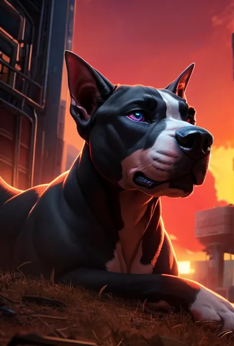 a newborn pitbull puppy, beautiful detailed eyes,extremely detailed face, pitbull puppy, goat field, red sky, cinematic, cyberpunk, highly detailed, 8k, photorealistic, professional, dramatic lighting, vibrant colors