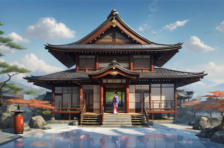 Необходимо создать concept-арт гейши для MMORPG, centered on a Japanese setting. full length, concept, full length пероснаж, A geisha should inspire grace, sophistication and mystery, typical of Japanese culture. Picture her in a traditional kimono with de...