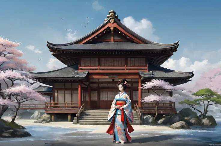 Необходимо создать concept-арт гейши для MMORPG, centered on a Japanese setting. full length, concept, full length пероснаж, A geisha should inspire grace, sophistication and mystery, typical of Japanese culture. Picture her in a traditional kimono with de...