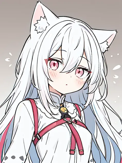 best quality, masterpiece, 1 girl, loli, upper body, hairs between eyes, female, pink eyes, long hair, small breasts, expressionless, wink , cat ears, white hair, silver hair, streaked hair，   long bangs, 