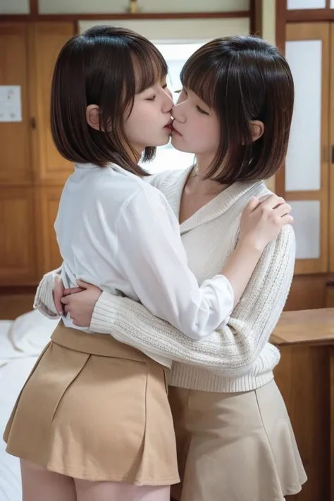 Ultra HD, masterpiece, Japanese Art, 2 girls, high school student, Embrace each other, Look each other in the eye, Emotions run high, Black Hair, Chestnut color, Bob, short hair-,  White short skirt, (Kiss), ((French kiss)), close, nsfw, ((saliva)), Standi...