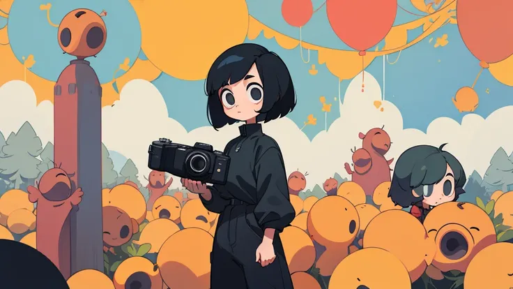 Woman with short black bob hair、Slim body、Baggy clothes、Have a camera