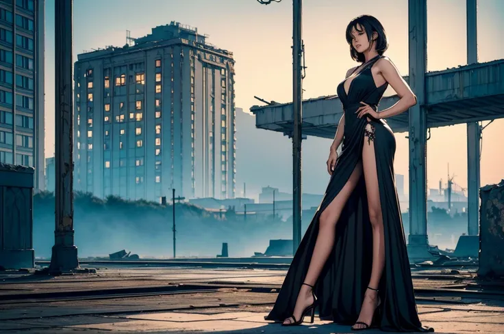 A great shot、It captures a confident woman standing atop a dilapidated Soviet-era structure.、Her sleek black dress and towering high-heeled sandals drew attention.、She proudly wears the Sniper Barrett.50 caliber rifle under his arm。The soft lighting, like ...