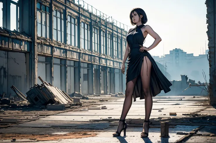 a great shot、it captures a confident woman standing atop a dilapidated soviet-era structure.、her sleek black dress and towering ...