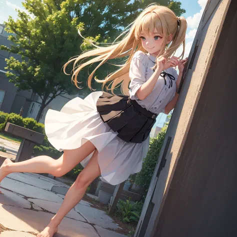 ((masterpiece)),(((bestquality))),((ultra-detailed)),1girl, solo, barefoot, standing, building, smile, floating hair, dutch angle, closed mouth, looking away, outdoors