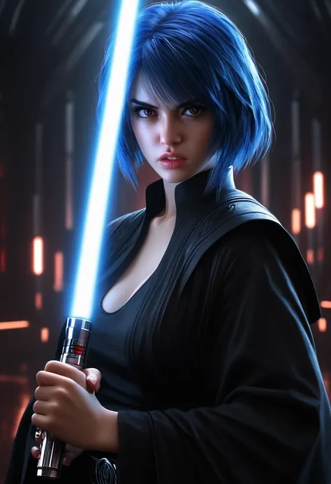 in focus, dark epic background, gorgeous lifelike, dynamic pose, a young lady, (highly detailed face and eyes:1.3), angry expression, holding red lightsaber in his hand, medium shot, hyper details, lighting art, cinematic, insane details, intricate details...