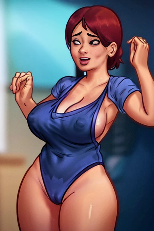  with a loose shirt showing her small breasts, sideboob, ahegao face, fully body, thick-thighs, Waist slender