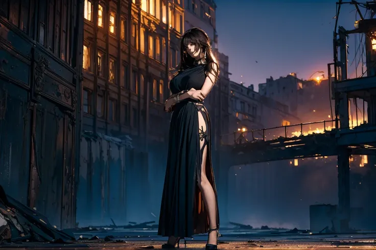 A great shot、It captures a confident woman standing atop a dilapidated Soviet-era structure.、Her sleek black dress and towering high-heeled sandals drew attention.、She proudly wears the Sniper Barrett.50 caliber rifle under his arm。The soft lighting, like ...