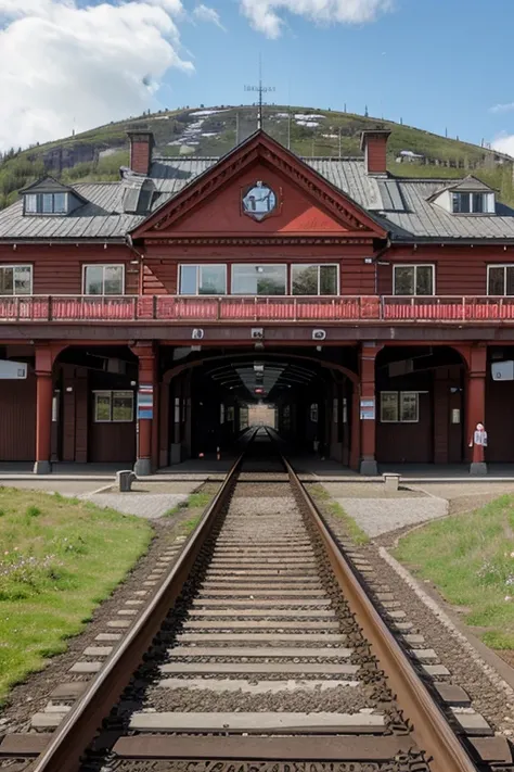 red railway station in norway, single track, terminus tall