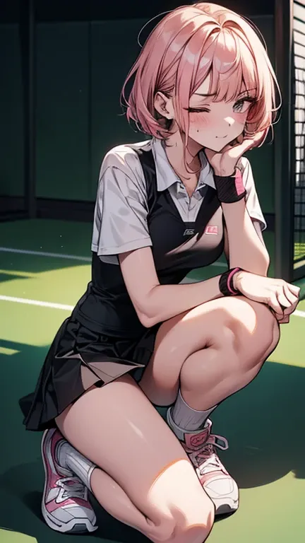 nsfw,Dynamic composition,{{masterpiece}}, {{{Highest quality}}},{{Very detailed}},1girl,30 year old female,{Mature Woman}},clavicle,{{short sleeves　One-piece tennis wear:1.4}}{{Crouch with knees up:1.6}},{{crouching:1.6}},{squatting{:1.6}},{{shortness of b...