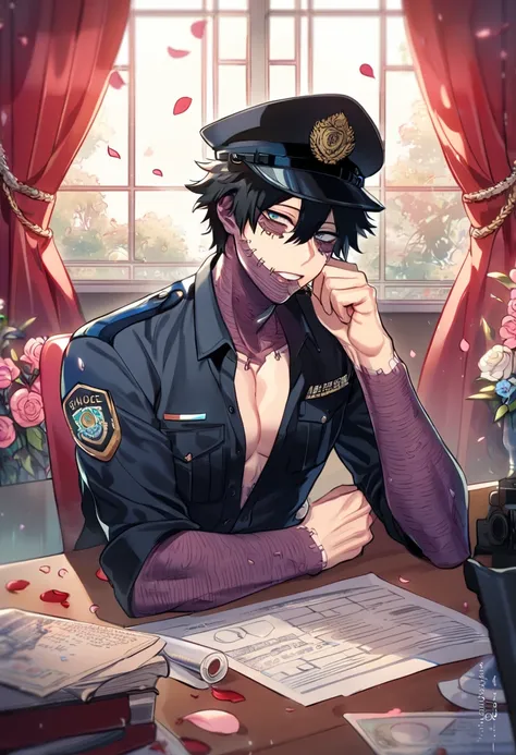 absurdres, highres, ultra detailed, HDR, master piece, best quality, Dabi, black hair, expressive turquoise eyes, Boku No Hero Academia, solo, sexy man, handsome, horny, sensual, black police officer clothes, unbuttoned shirt, black hat, fantasy, police st...