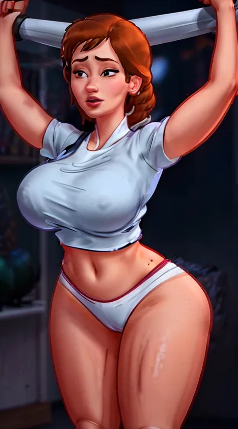 Photo of Anna of Arendelle wearing white gym clothes, great, show breasts, Breasts huge, Cao Cao, sexy legs, bursting Breasts huge, camel toe, from low, legs slightly apart, legs slightly apart.