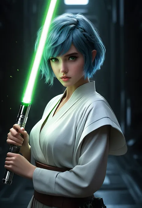 ultra wide angle, in focus, light epic background, gorgeous lifelike, dynamic pose, a young lady, (highly detailed face and eyes:1.3), confident expression, holding green lightsaber in his hand, medium shot, hyper details, lighting art, cinematic, insane d...