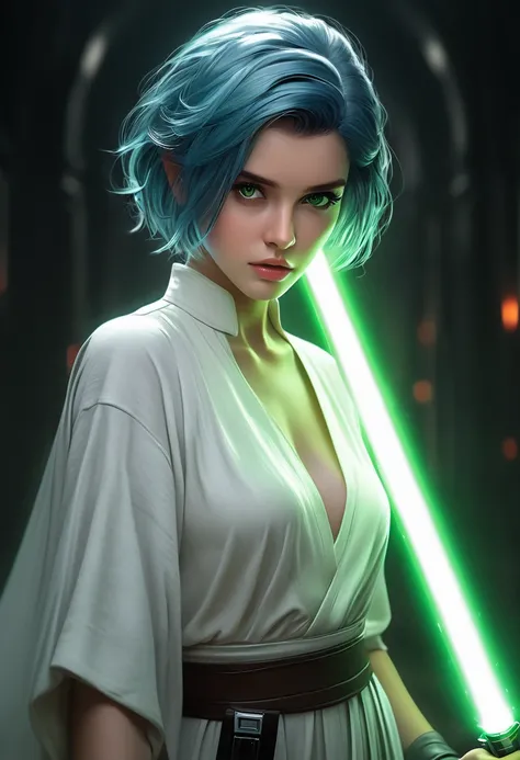 ultra wide angle, in focus, light epic background, gorgeous lifelike, dynamic pose, a young lady, (highly detailed face and eyes:1.3), confident expression, holding green lightsaber in his hand, medium shot, hyper details, lighting art, cinematic, insane d...