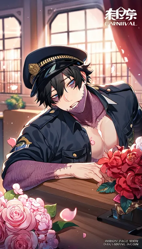 absurdres, highres, ultra detailed, HDR, master piece, best quality, Dabi, black hair, expressive turquoise eyes, Boku No Hero Academia, solo, sexy man, handsome, horny, sensual, black police officer clothes, unbuttoned shirt, black hat, close up, fantasy,...