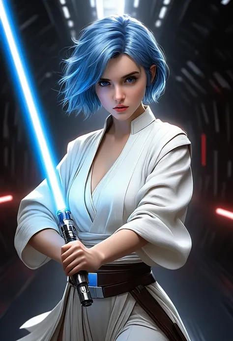 ultra wide angle, in focus, light epic background, gorgeous lifelike, dynamic pose, a young lady, (highly detailed face and eyes:1.3), cute expression, holding blue lightsaber in his hand, medium shot, hyper details, lighting art, cinematic, insane details...