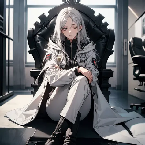 (Confused, High resolution, Very detailed), 1 female, Silver Hair,Long Hair,Black and white pilot suit,white hooded coat,Black trousers,Knee-high boots,24th generation,beauty,mature,thin,quiet,Calm,Sleep,Sitting cross-legged,conference room,sofa