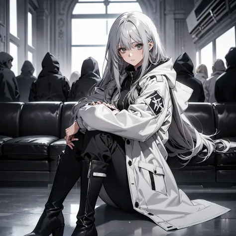 (Confused, High resolution, Very detailed), 1 female, Silver Hair,Long Hair,Black and white pilot suit,white hooded coat,Black trousers,Knee-high boots,24th generation,beauty,mature,thin,quiet,Calm,Sleep,Sitting cross-legged,conference room,sofa