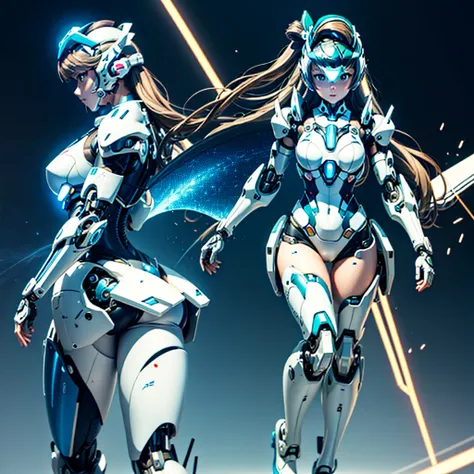 masterpiece, high quality, During the surgery to convert the machine、Minami Kotori, who has been turned into a mechanical body cyborg、Surgery to convert to a gynoid cyborg body with exposed mechanical parts、Blue and white leotard-type mechanical armor、The ...